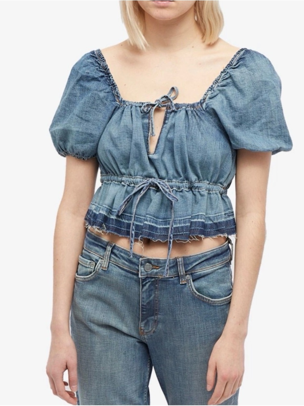 GANNI Women's Denim Puff Sleeve Top in Tint Wash